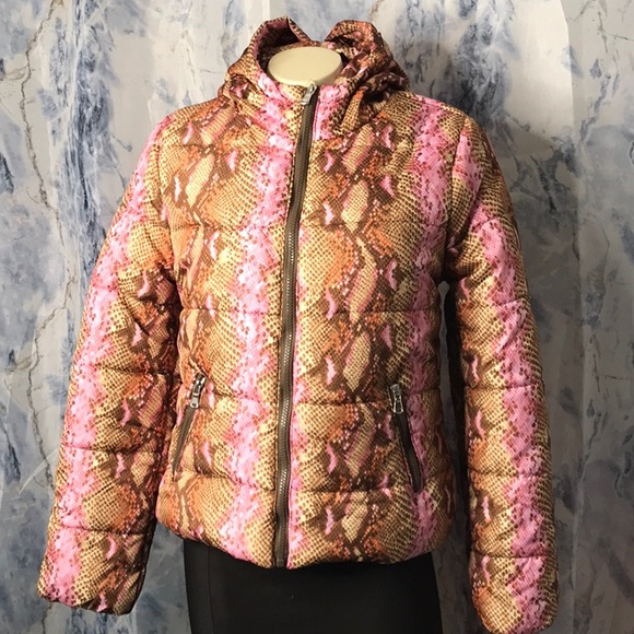 NWT New Look warm soft puffer jacket with hood full zipper snake print zipper M - Picture 7 of 14